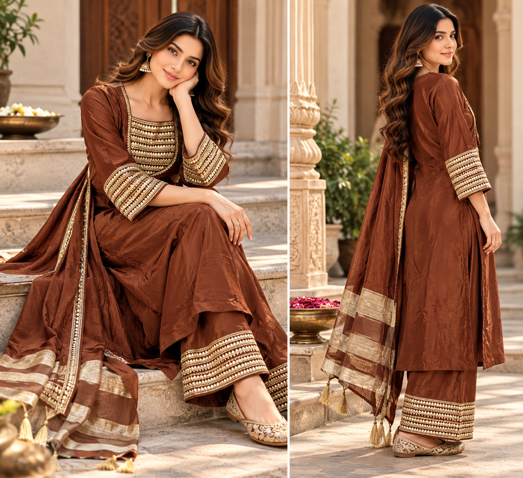 🤎 Regal Mocha Festive Kurti-Set