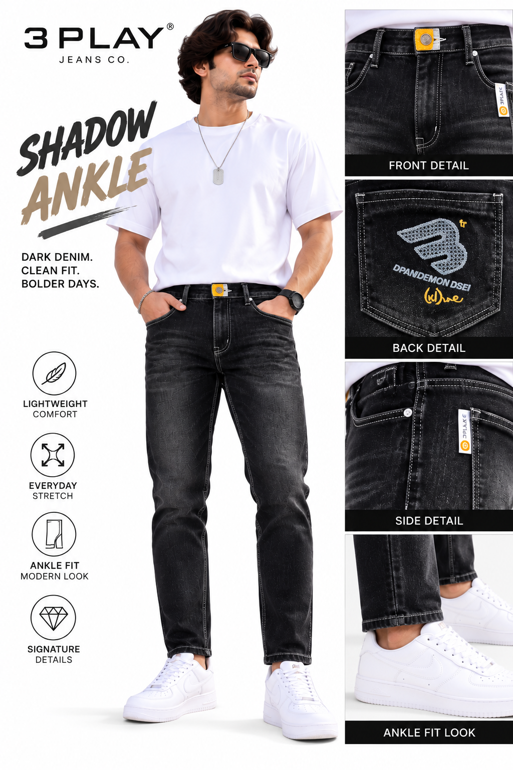 3-PLAY — Black RAW Wash ANKLE-FIT Jeans