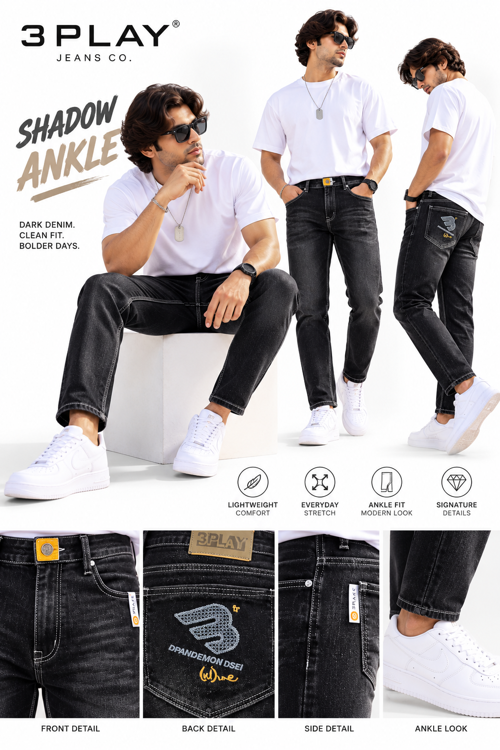 3-PLAY — Black RAW Wash ANKLE-FIT Jeans