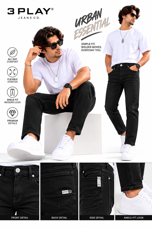 3 PLAY – Noir Edge Black Raw Wash Ankle-fit Jeans
