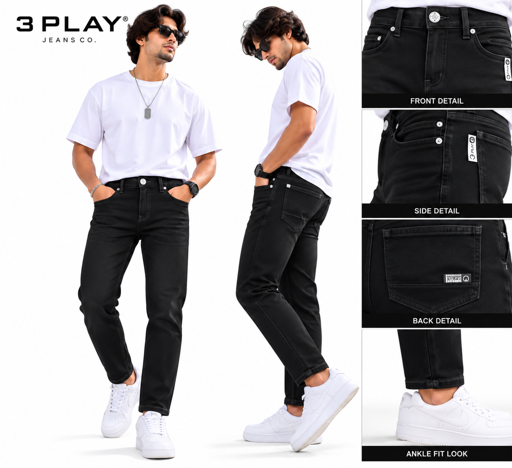 3 PLAY – Noir Edge Black Raw Wash Ankle-fit Jeans