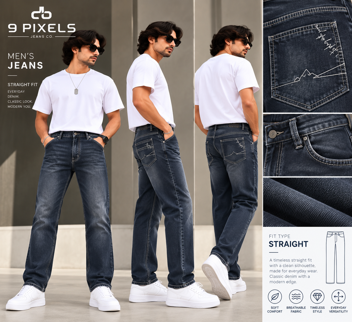 9 PIXEL — Midnight Terrain RAW WASH Denim Straight-fit Jeans