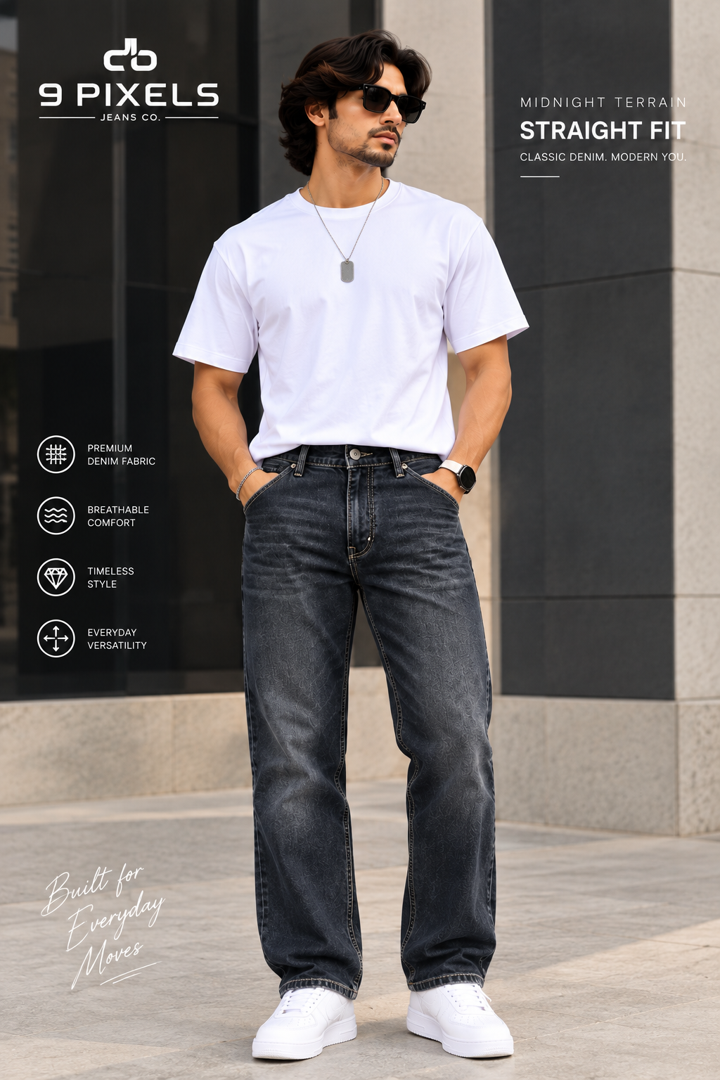 9 PIXEL — Midnight Terrain RAW WASH Denim Straight-fit Jeans