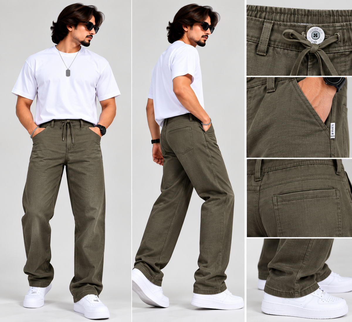 9 PIXEL— Olive Ease Comfort-fit Linen Pants