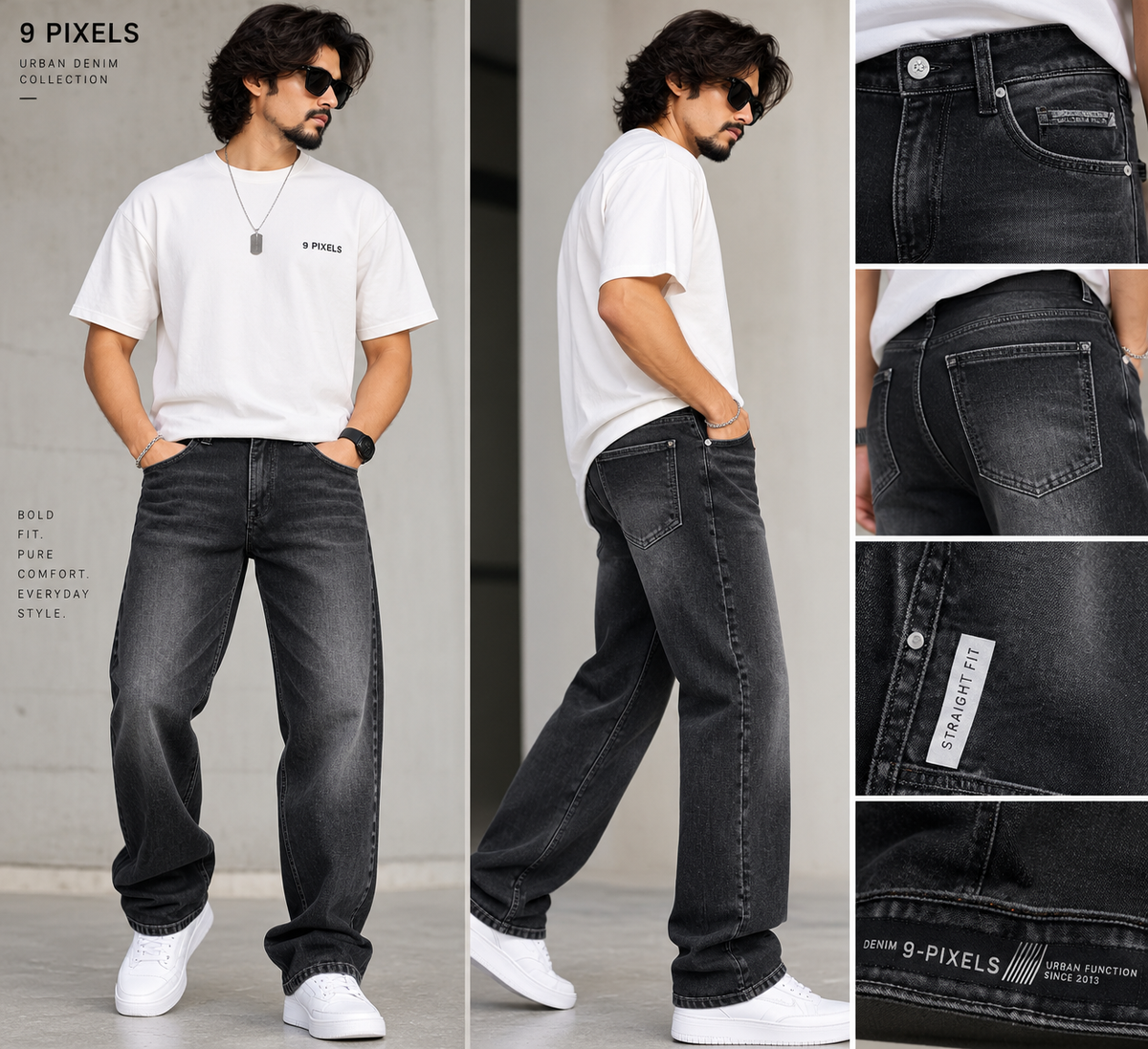 9 PIXELS — Black RAW WASH Shadowline Straight-fit Jeans