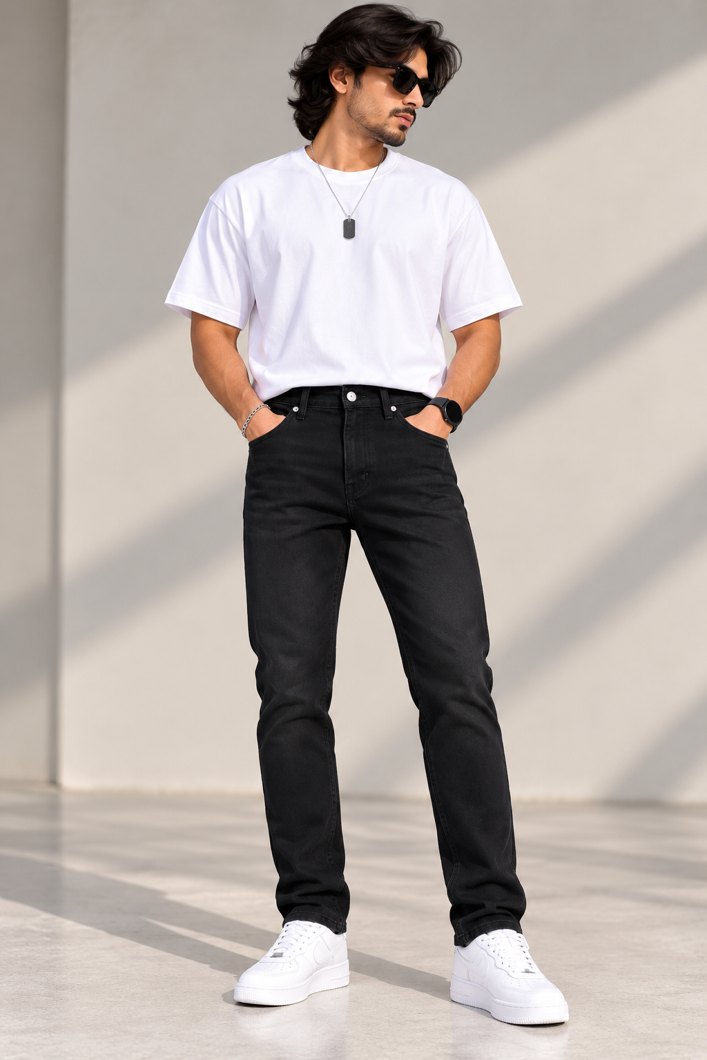 9 PIXELS — Noir Edge Jet Black Narrow-fit Jeans
