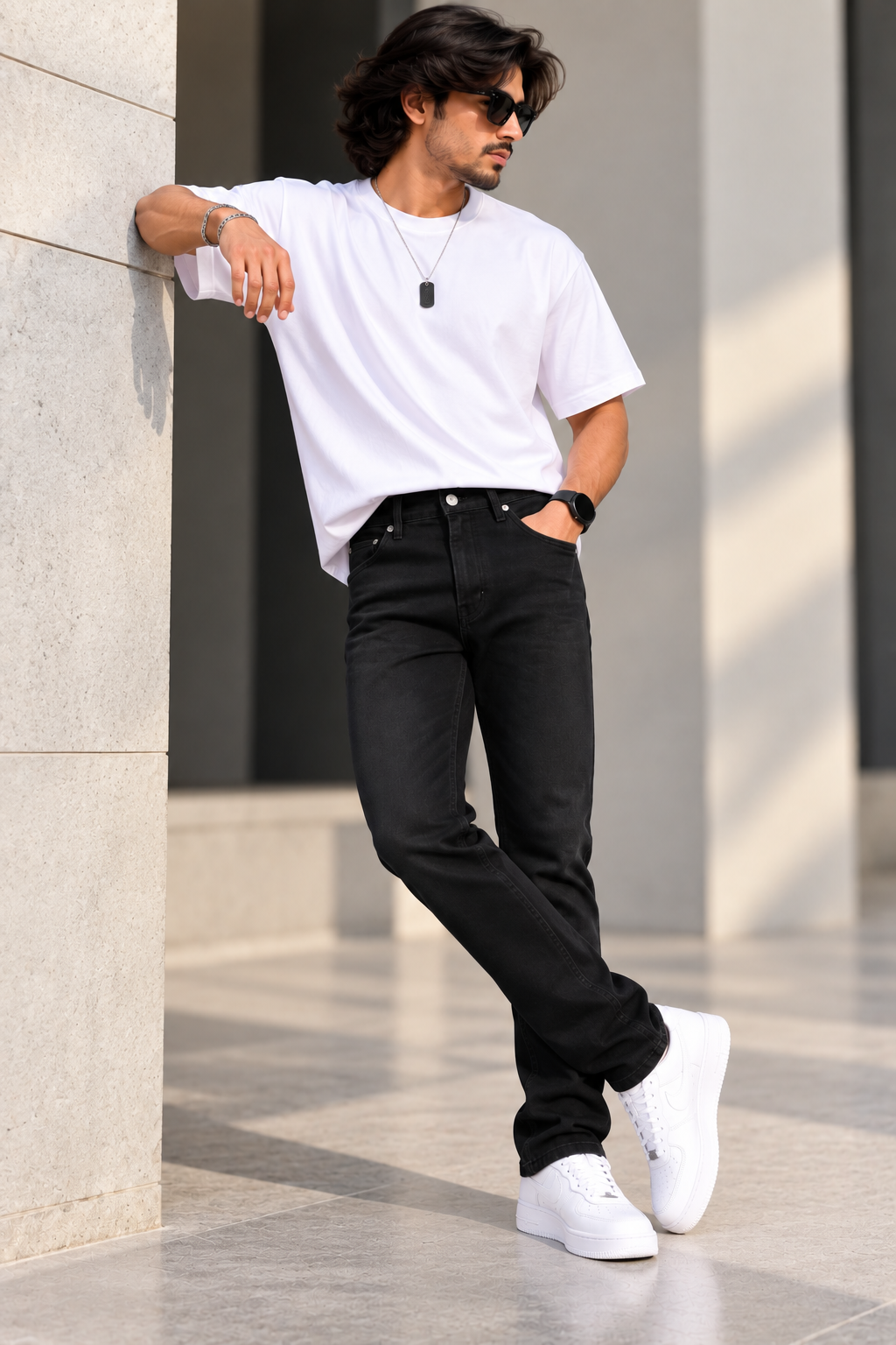 9 PIXELS — Noir Edge Jet Black Narrow-fit Jeans