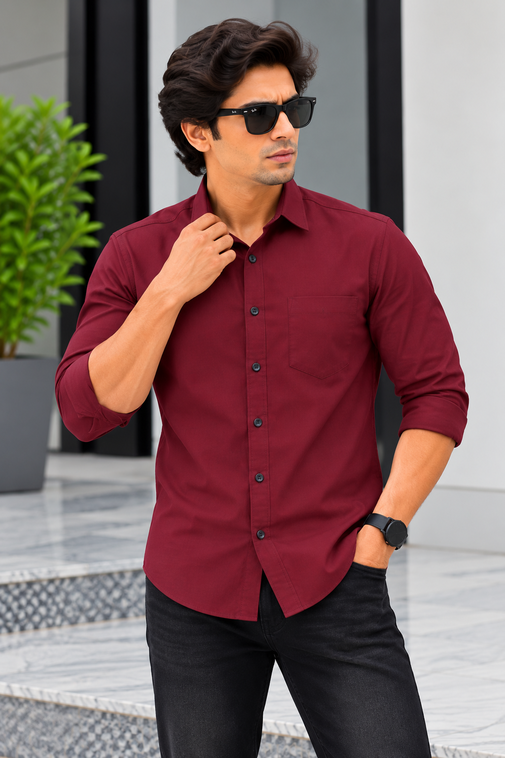 RED & WHITE -  Fancy Cotton Plain Shirts