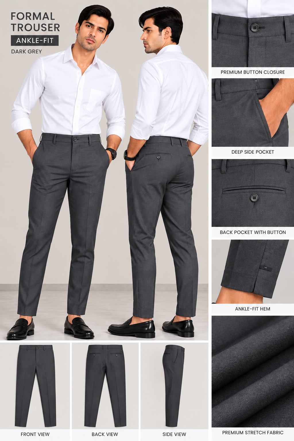 URBAN JACK - Men Smart Casual Ankle-Fit Trousers