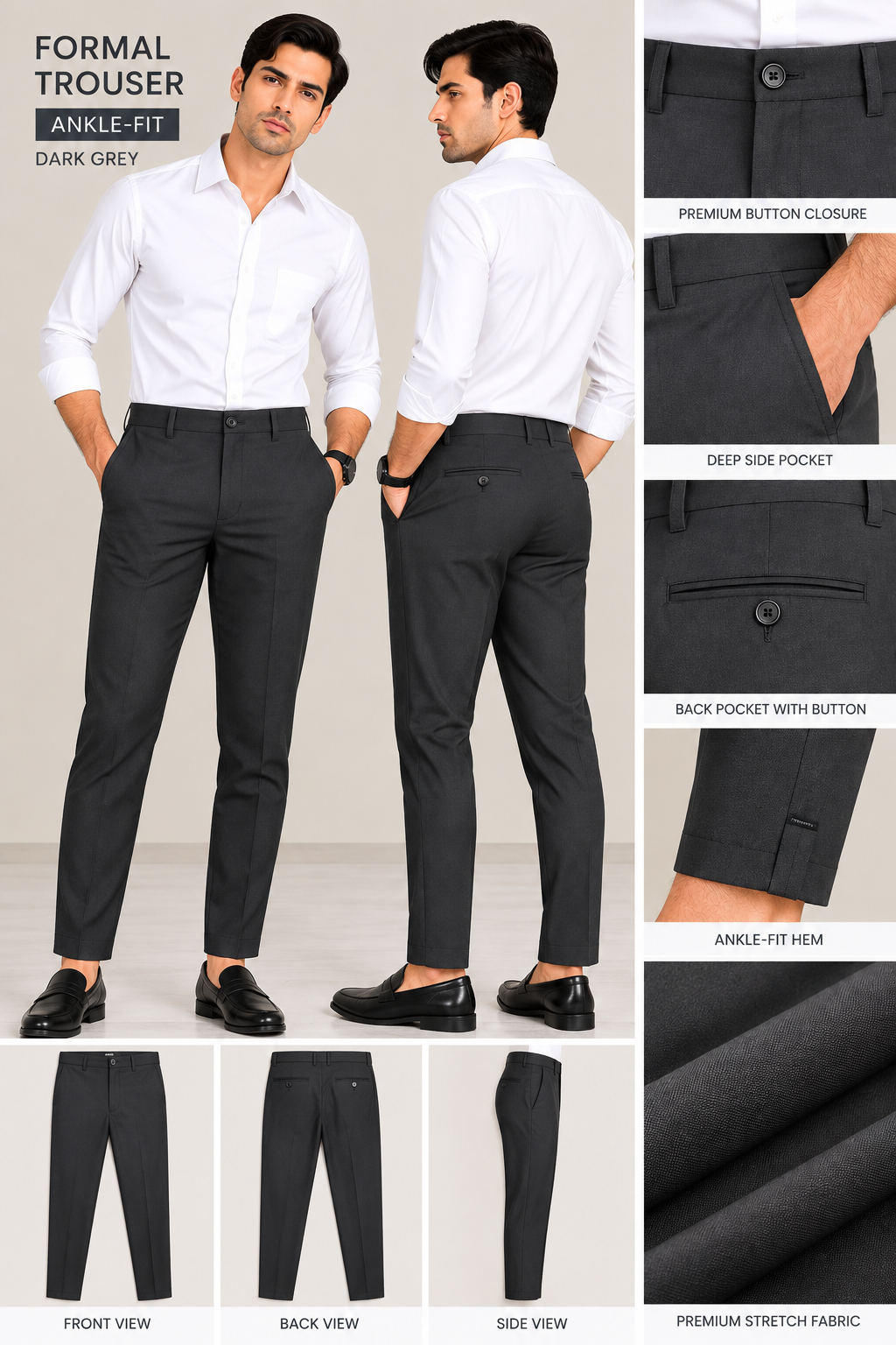 URBAN JACK - Men Smart Casual Ankle-Fit Trousers